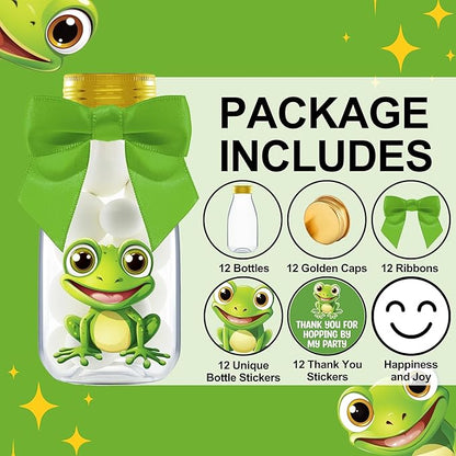 Small 12 Pack Frog Party Favors - DIY Candy Jars with Ribbons and Stickers - Party Decoration Bottles for Birthday, School Classroom, and Baby Shower - Toad Theme Table Centerpiece for Kids