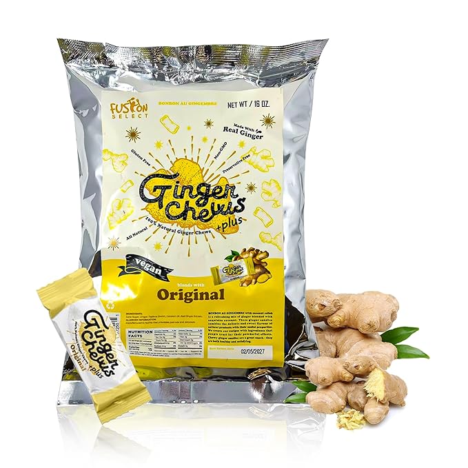 Fusion Select 1Lb Original Ginger Chews - Sweet Soft Candied Delights From Indonesia - Promotes Relief From Morning Sickness, Upset Stomach - Made from Real Ginger Root, Non-GMO, Vegan Candy
