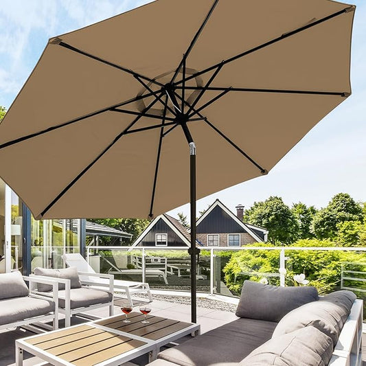 wikiwiki 11 FT Patio Umbrellas Outdoor Table Market Umbrella with Push Button Tilt/Crank, 8 Sturdy Ribs, Fade Resistant Waterproof POLYESTER DTY Canopy for Garden, Lawn, Deck, Backyard & Pool, Tan