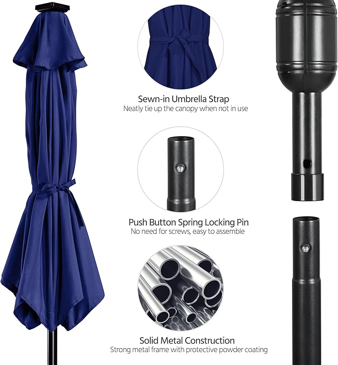 Yaheetech 10FT Solar Patio Umbrella 32 LED Lighted Table Market Umbrella with Tilt and Crank for Garden, Deck, Backyard, Pool and Beach, Navy Blue