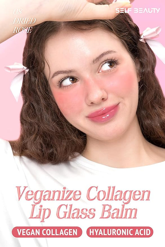 self beauty Veganize Collagen Lip Glass Balm - Hydrating Lip w/Hyaluronic Acid - Vegan Korean Lip Balm Moisturizing Lip Care – Lip Gloss Repair for Dry Cracked Lips 0.06 oz (#8 Dried Rose)