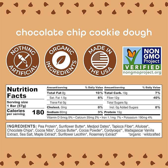 Feel Vegan Protein Bars | Cookie Dough | Keto | Gluten Free | Organic | Lions Mane | 15g Protein | Low Carb | Dairy Free | Grain Free | Nut Free | Soy Free | Non GMO - 10 Pack