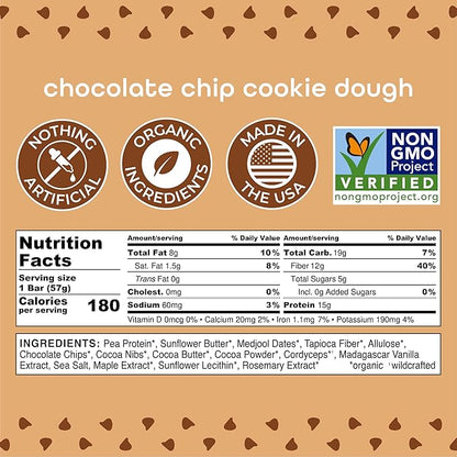 Feel Vegan Protein Bars | Cookie Dough | Keto | Gluten Free | Organic | Lions Mane | 15g Protein | Low Carb | Dairy Free | Grain Free | Nut Free | Soy Free | Non GMO - 10 Pack
