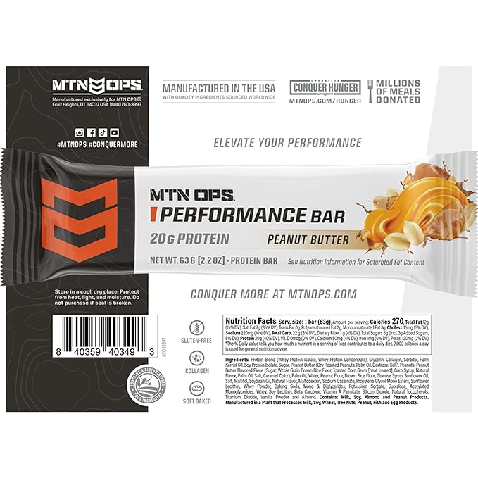 MTN OPS Peanut Butter Bliss Protein Bars, High Protein with Whey Isolate & Whey Concentrate and Collagen, Low Sugar, Gluten Free, 10 Count