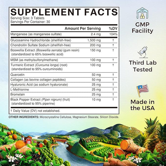 Vitalitown Glucosamine Chondroitin MSM | Collagen, Boswellia, Turmeric, Hyaluronic Acid, Bromelain | Triple Action+ Joint Formula | 12 Joint-Loving Ingredients | 90 Tablets, No Shellfish