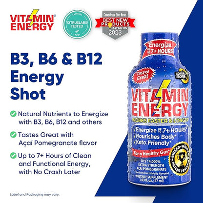 Vitamin Energy B12 Energy Shots | Natural Healthy Energy & Focus Drink | Sugar-Free Carb-Free Supplement | Vitamins B6, B12 | Energize up to 7+ Hours | Acai Pomegranate - 1.93 fl oz - Pack Of 48