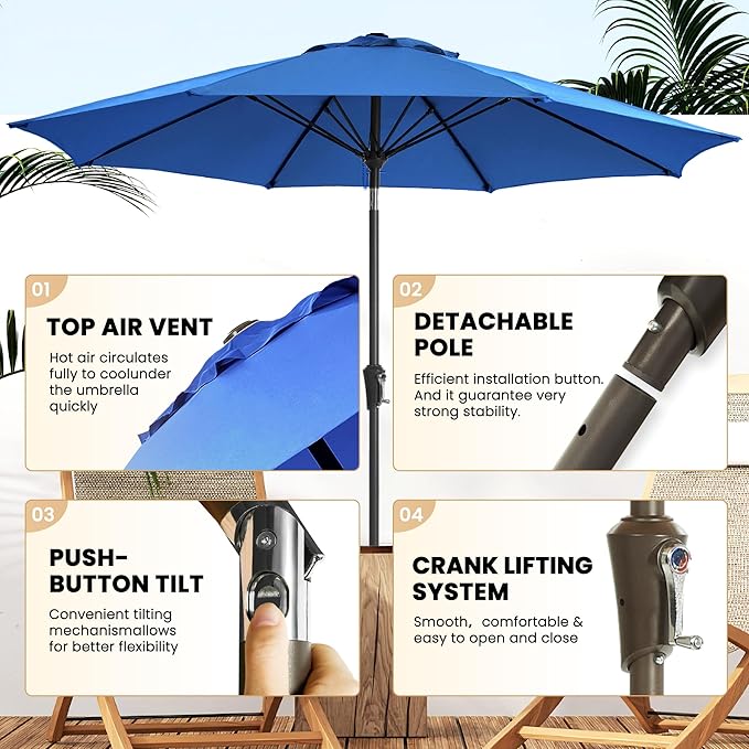 Ayge 9FT Large Outdoor Patio Umbrella Market Table Umbrella-UV Resistant, Easy Push Button Tilt and Crank, 8 Sturdy Fiberglass Ribs Heavy-Duty Pool Umbrella for Deck, Backyard,Garden