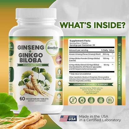 Ginko Biloba & Panax Ginseng Supplement - Red Ginseng Brain Supplement for Memory and Focus - Ginkgo Biloba Supplements for Good Vision, Immune System and Improved Blood Flow - 60 Tablets