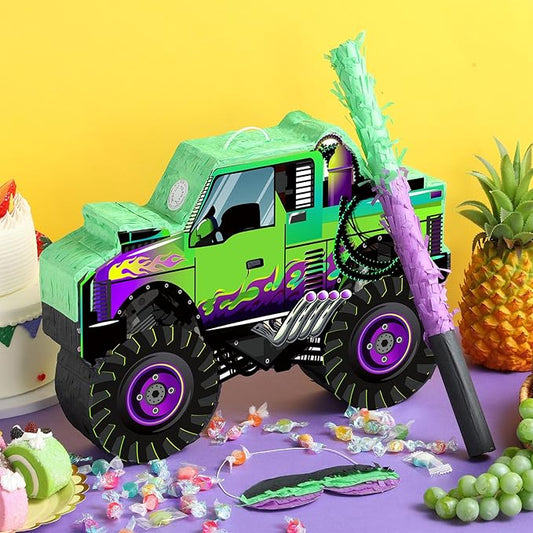 Threan Monster Truck Party Decorations Green and Purple Monster Truck Piñata Racing Car Piñata Game with Stick Blindfold for Adults Cool Birthday Party Decor Supplies