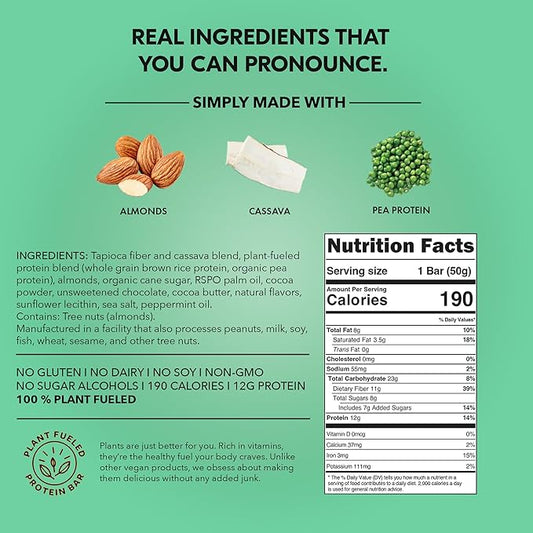 TRUBAR Vegan Protein Bar, It’s Mint to Be Chip, Gluten Free, Plant Based High Fiber, Dairy Free, Low Fat, No Sugar Alcohols, 12G Lean Protein, 13G Fiber, Healthy Snack Bars, 12 CT