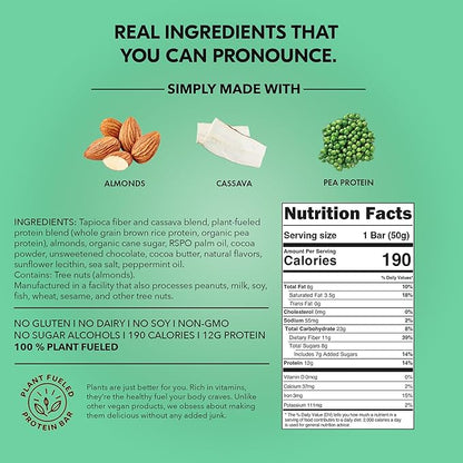TRUBAR Vegan Protein Bar, It’s Mint to Be Chip, Gluten Free, Plant Based High Fiber, Dairy Free, Low Fat, No Sugar Alcohols, 12G Lean Protein, 13G Fiber, Healthy Snack Bars, 12 CT