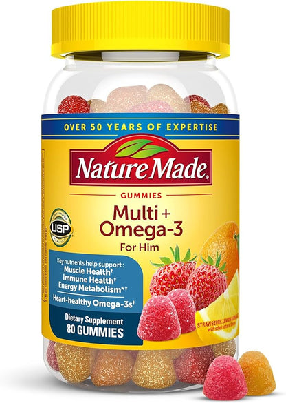 Nature Made Multivitamin for Him with Omega-3, Mens Multivitamins for Daily Nutritional Support, Multivitamin for Men, 80 Gummy Vitamins and Minerals, 40 Day Supply
