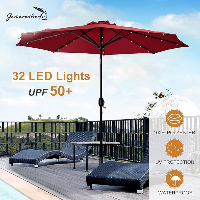 9FT LED Patio Umbrella, Solar Outdoor Umbrellas with LED Lights, Deck Umbrella with Push Button Tilt and Crank, UV Protection Waterproof for Pool, Porch, Garden, Deck, Backyard. (Red)