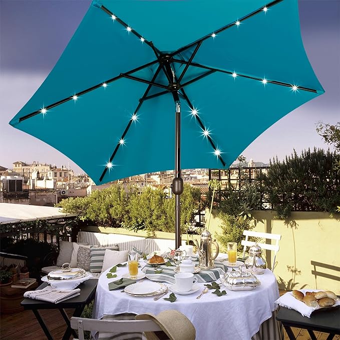 Blissun 7.5 ft Solar Umbrella, 18 LED Lighted Patio Umbrella, Table Market Umbrella