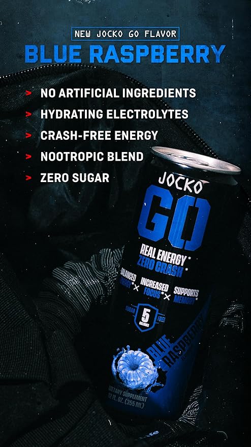 Jocko Fuel Blue Raspberry Energy Drink, 12 Pack, 0 Sugar, 95mg Caffeine, Supports Brain Health