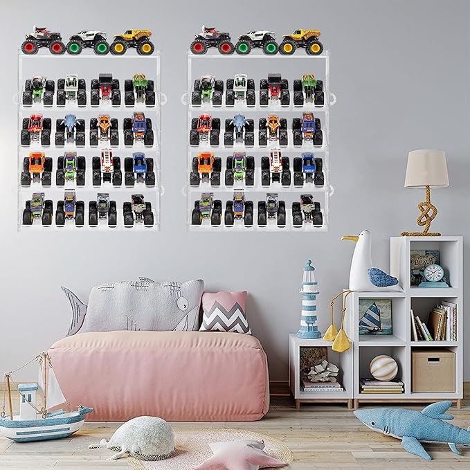 Assembly Monster Trucks Display Case Holding for 20 Monster Trucks Acrylic Storage Case 5 Tiers Monster Trucks Organizer with Tilted Design, Display Case for Toy Trucks (2-Pack Transparent)