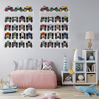 Assembly Monster Trucks Display Case Holding for 20 Monster Trucks Acrylic Storage Case 5 Tiers Monster Trucks Organizer with Tilted Design, Display Case for Toy Trucks (2-Pack Transparent)