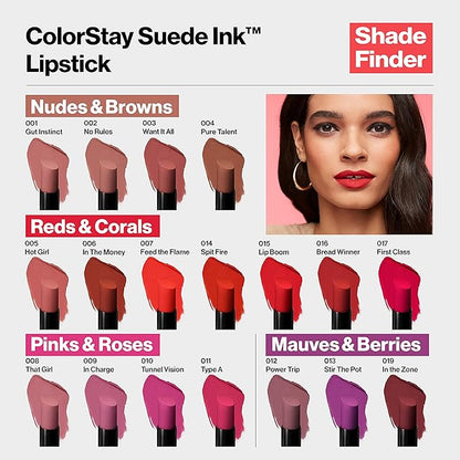REVLON Lipstick, ColorStay Suede Ink, Built-in Primer, Infused with Vitamin E, Waterproof, Smudge-proof, Matte Color, 011 Type A, 0.09 oz.