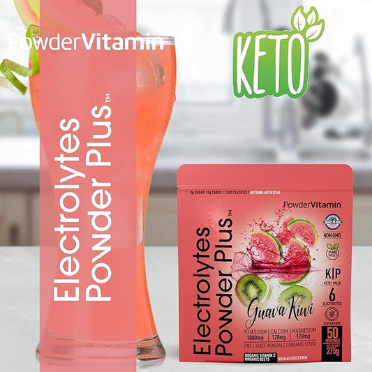 Electrolytes Powder Plus (50 Servings) Guava Kiwi Electrolyte Powder Zero Calorie Keto, 0 Sugar, No Maltodextrin,1000mg Potassium,120mg Calcium,120mg Magnesium, Hydration Powde