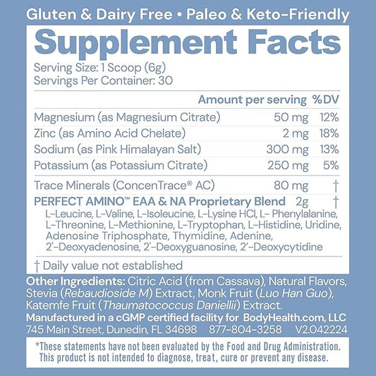 BodyHealth PerfectAmino Electrolytes Powder, Hydration Powder, Sugar Free Electrolyte Drink Mix, Keto Electrolytes Powder, Non GMO, Lemon Lime (30 Servings)