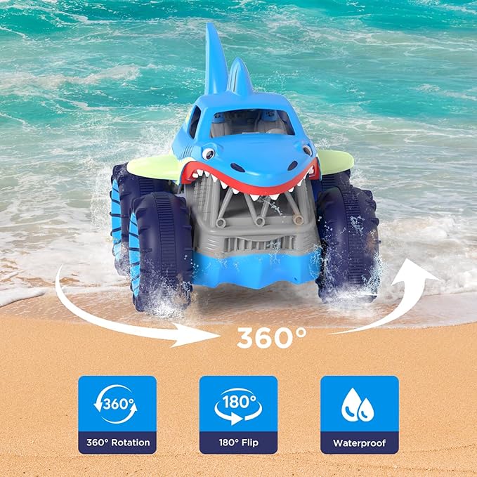 MaxTronic Fast Direct Charging Remote Control Car, Rechargeable Amphibious RC Cars with 2.4Ghz 4WD All Terrain Waterproof RC Shark Monster Truck Toys for Boys Girls 3-12 Years
