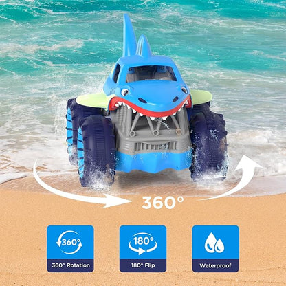 MaxTronic Fast Direct Charging Remote Control Car, Rechargeable Amphibious RC Cars with 2.4Ghz 4WD All Terrain Waterproof RC Shark Monster Truck Toys for Boys Girls 3-12 Years