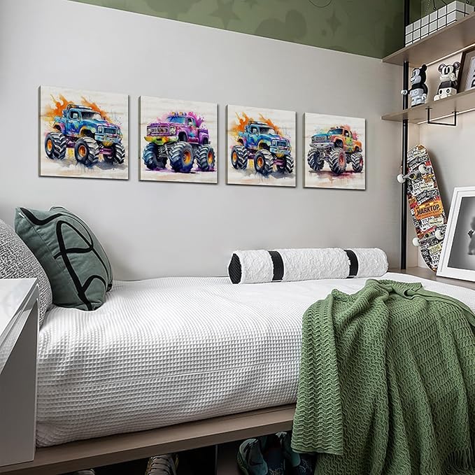 Car Room Decor Monster Truck Canvas Wall Art Framed Boys Room Rustic Farmhouse Cartoon Car Color Racing Vehicle Painting Canvas Prints Garage Playroom Men Bedroom Classroom Home Decoration 16×16" 4Pcs