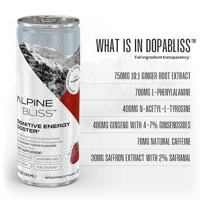 Alpine Bliss Energy Drink with Tyrosine, Ginger Root, B Vitamins and Saffron Extract, Supports Focus and Mental Clarity, Award-Winning Low Calorie Adaptogen & Nootropic Blend, European Mountain Water, Berry Flavor (12 Pack)