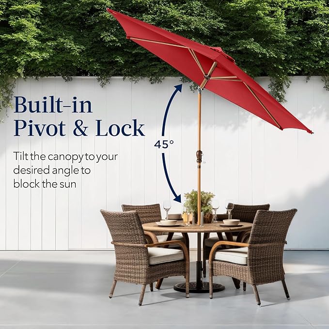 Best Choice Products 10ft Market Umbrella, Outdoor Sun Shade for Backyard, Deck, Poolside, Table w/Woodgrain Pattern, Easy Tilt & Crank - Red