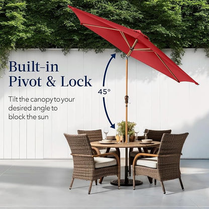 Best Choice Products 10ft Market Umbrella, Outdoor Sun Shade for Backyard, Deck, Poolside, Table w/Woodgrain Pattern, Easy Tilt & Crank - Red
