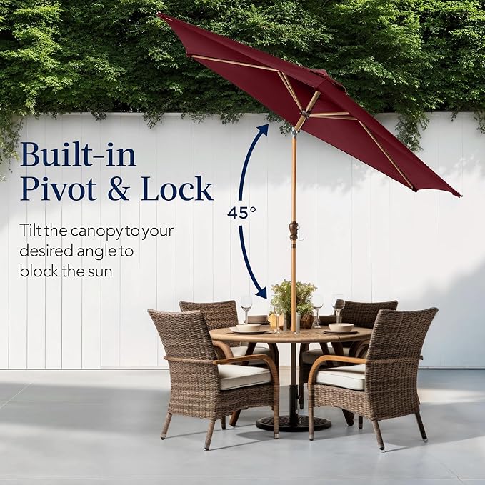 Best Choice Products 10ft Market Umbrella, Outdoor Sun Shade for Backyard, Deck, Poolside, Table w/Woodgrain Pattern, Easy Tilt & Crank - Burgundy