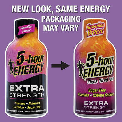 5-hour ENERGY Extra Strength Energy Shot, Hawaiian Breeze Flavor (1.93 oz. - 24 Count) Zero Calories & Sugar-Free 230 mg Caffeinated Energy Shot, Amino Acids & B Vitamins, Dietary Supplements