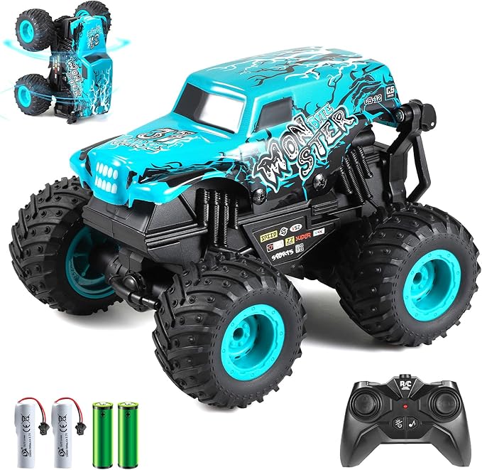 DYODYORC Remote Control Car, 2.4Ghz All Terrain Monster Truck Toys, RC Truck with Music, 3 Lighting Effects, 360 Stunt Capable, All Included Ready to Run, Toy Gifts for Boys and Girls (Blue)