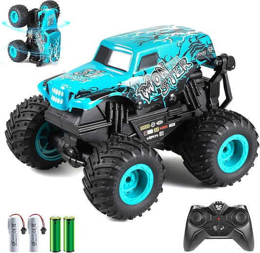 DYODYORC Remote Control Car, 2.4Ghz All Terrain Monster Truck Toys, RC Truck with Music, 3 Lighting Effects, 360 Stunt Capable, All Included Ready to Run, Toy Gifts for Boys and Girls (Blue)