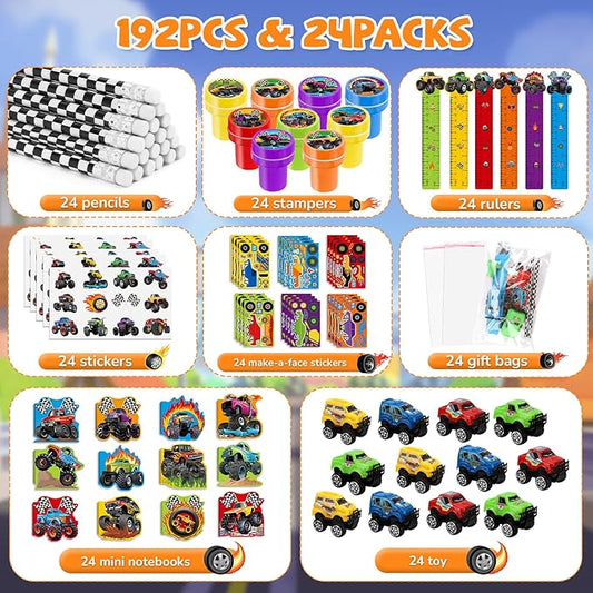 BenLouis 192Pcs Monster Truck Party Favors Truck Car Birthday Stampers Stickers School Stationery Set Bulk for Kids wheels party Race Car Themed Party Goodie Bag Stuffers Pinata Filler Supplies