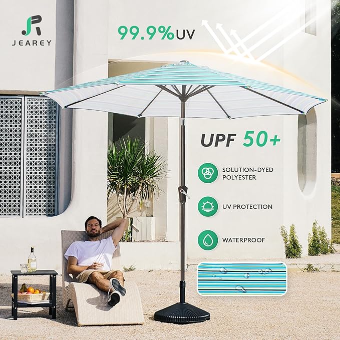JEAREY 9FT Outdoor Patio Umbrella Outdoor Table Umbrella with Push Button Tilt and Crank, Market Umbrella 8 Sturdy Ribs UV Protection Waterproof for Garden, Deck, Backyard, Pool (Blue Green Stripe)