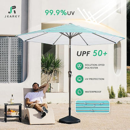 JEAREY 9FT Outdoor Patio Umbrella Outdoor Table Umbrella with Push Button Tilt and Crank, Market Umbrella 8 Sturdy Ribs UV Protection Waterproof for Garden, Deck, Backyard, Pool (Blue Green Stripe)