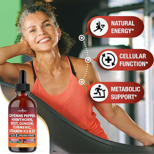Cayenne Pepper Supplement Liquid Drops + Hawthorn Berry, Vitamin D3 K2 Beet Root Powder, Ceylon Cinnamon, Turmeric Curcumin, Organic Panax Ginseng - 6oz