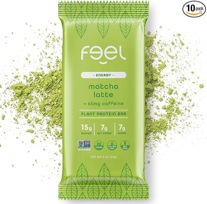 Feel Vegan Protein Bars | Matcha Latte | Keto | Gluten Free | Organic | 15g Plant Protein | Low Carb | High Protein | Dairy Free | Low Sugar | Grain Free | Nut Free | Soy Free | Non GMO - (Matcha Latte, 10 Pack)
