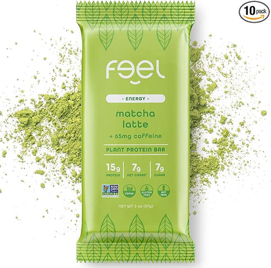 Feel Vegan Protein Bars | Matcha Latte | Keto | Gluten Free | Organic | 15g Plant Protein | Low Carb | High Protein | Dairy Free | Low Sugar | Grain Free | Nut Free | Soy Free | Non GMO - (Matcha Latte, 10 Pack)