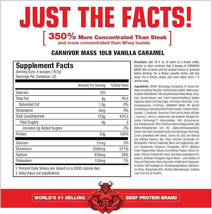 MuscleMeds Carnivor Mass Anabolic Beef Protein Gainer, Vanilla Caramel, 10 Pounds