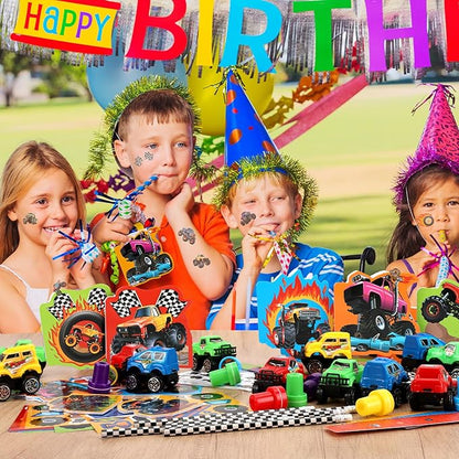 BenLouis 192Pcs Monster Truck Party Favors Truck Car Birthday Stampers Stickers School Stationery Set Bulk for Kids wheels party Race Car Themed Party Goodie Bag Stuffers Pinata Filler Supplies