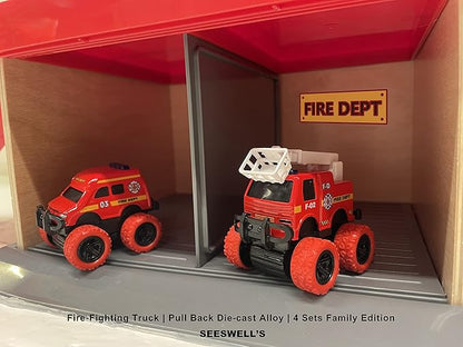 Pull Back Die-cast Alloy Fire Truck Vehicles Play Set,Monster Truck Model Cars,Friction Powered Toy Cars,4 Pack,Toys for 3 4 5 + Years Old Kids,Christmas/Birthday Gifts for Boys & Girls,Party Favors