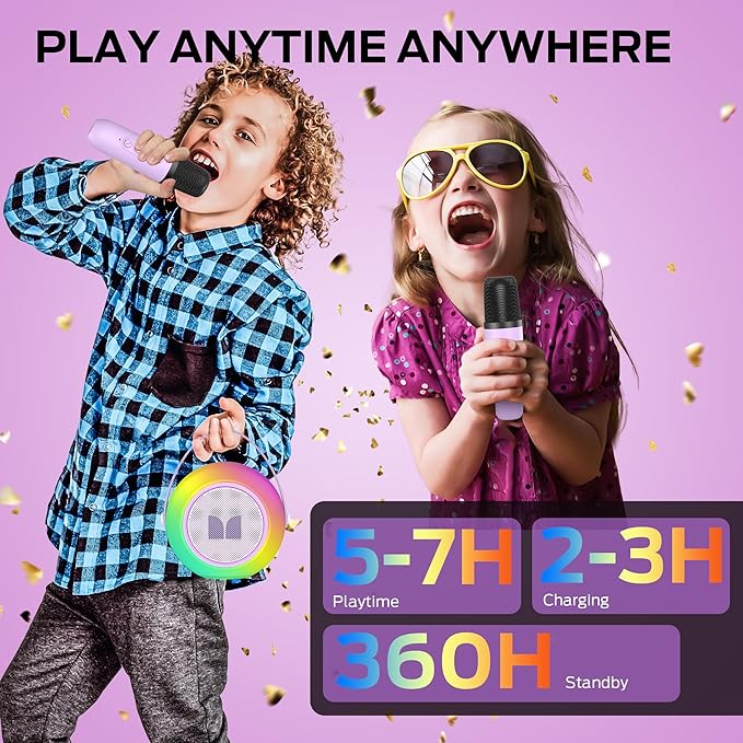 Monster Mini Karaoke Machine for Kids Adults, Portable Bluetooth Speakers with 2 Wireless Microphones and Lights, Christmas Birthday Gifts Toys for Girls Boys 4, 5, 6, 7, 8, 9, 10, 12+ Toddler