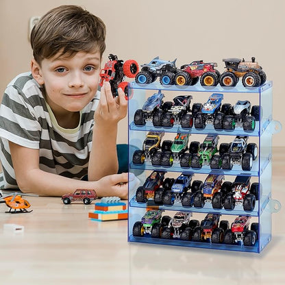 Assembly Monster Trucks Display Case - 5 Tier Acrylic Storage Case with Tilted Design, Organizer for 20 Toy Trucks (Blue)