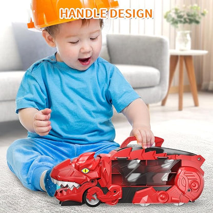 Dinosaur Transport Truck Toys - 9-in-1 Car Carrier & Track Set with 8 Mini Cars, Dino Monster Truck for Kids 3-12, Push & Pull Toy, Race & Storage Gift for Boys Girls (Red)