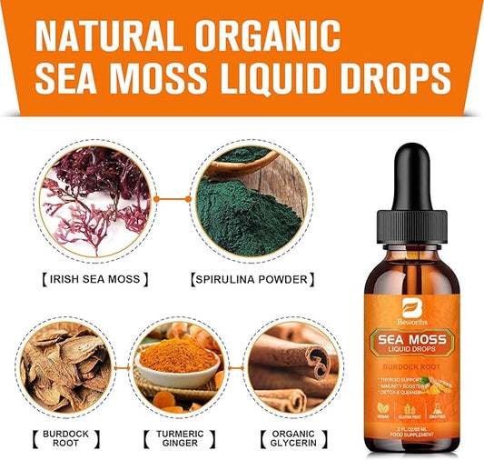 Sea Moss Liquid Drops - Organic Irish Sea Moss Raw Gel with Burdock Root, Tumeric, Spirulina, Seamoss Gel Supplement for Immune, Joint, Digestive Support - 2 Fl Oz, Vegan