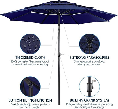 Yaheetech 3-Tier Patio Parasol 10ft Vented Outdoor Table Umbrella Double-layer Cloth & Large Shade for Yard/Garden/Park/Garden Navy Blue