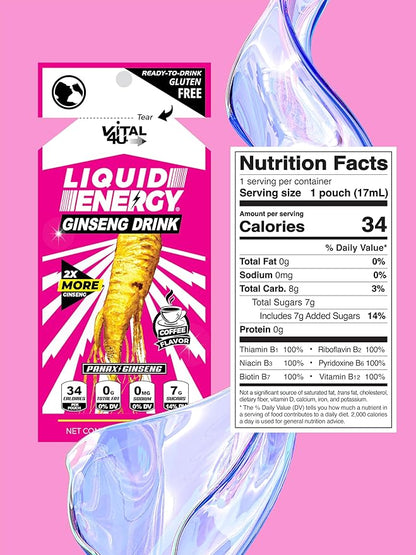 Vital 4U® Liquid Energy Shot - Ginseng, B Vitamins, Naturally Sweetened, Coffee Flavor, 24 ct