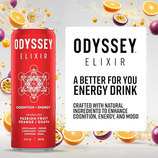 Odyssey Elixir Cognition + Sustainable Energy - Lion's Mane, Cordyceps, L Theanine, Ginseng & 85mg Green Tea Caffeine - 0 Added Sugar - No Jitters or Crash - Passion Fruit Orange Guava - 12 oz, 12 Pk